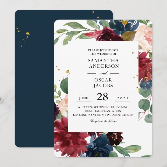 Invitación Marco floral azul y rojo de la armada rugoña (Anverso / Reverso)