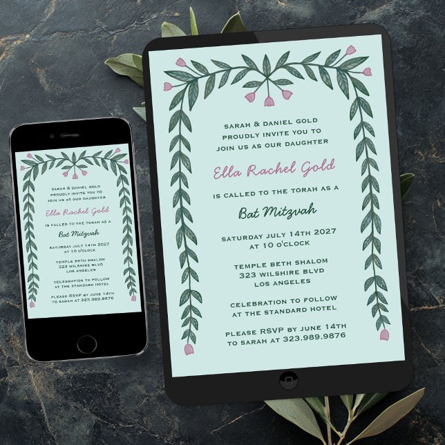Invitación Marco floral Bar Personalizado moderno Bar Bat Mit (Floral Frame Modern Custom Bar Bat Mitzvah Girl Invitation
Digital evite)