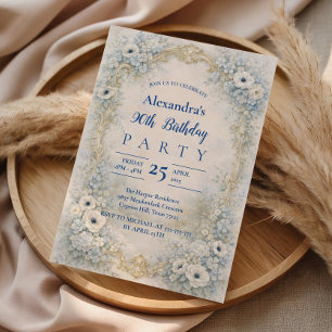 Invitación Marco Floral Barroco Azul Cumpleaños 90