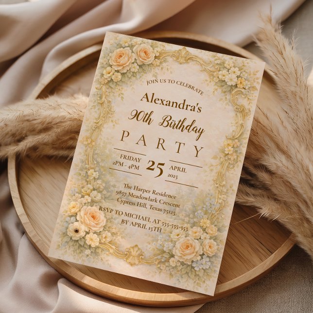 Invitación Marco floral barroco de champán para 90 cumpleaños (Subido por el creador)