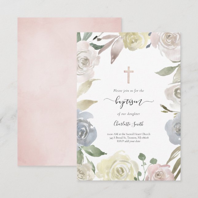 Invitación marco floral Bautismo niña (Anverso / Reverso)