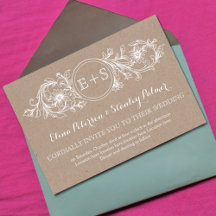 Marco floral blanco, iniciales boda de papel kraft