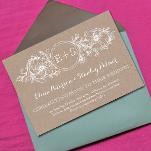 Invitación Marco floral blanco, iniciales boda de papel kraft