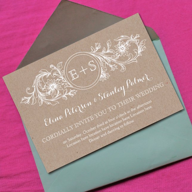 Invitación Marco floral blanco, iniciales boda de papel kraft (Subido por el creador)