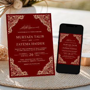 Invitación Marco floral Boda musulmán rojo y dorado