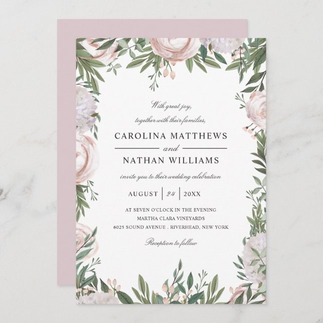Invitación Marco floral bohemio elegante Boda malva claro (Anverso / Reverso)