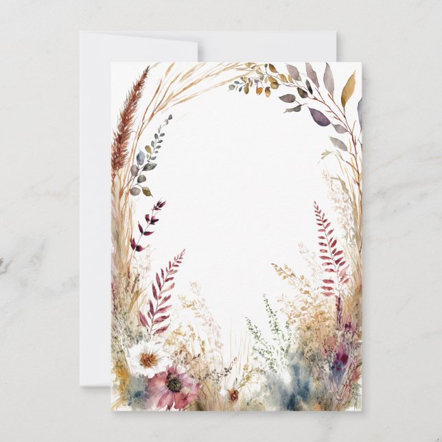 Invitación Marco floral boho acuarela en blanco boda (Anverso)