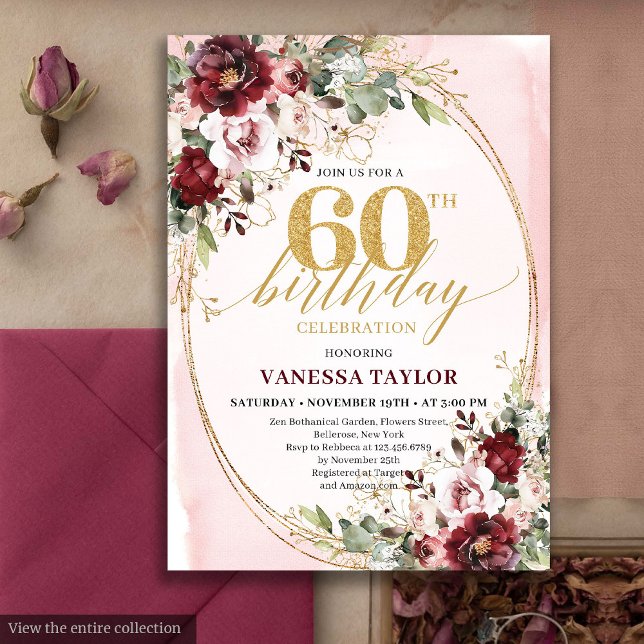 Invitación Marco Floral Boho Borgoña Dorado Cumpleaños 60 (Boho Burgundy Gold Frame Floral 60th Birthday)