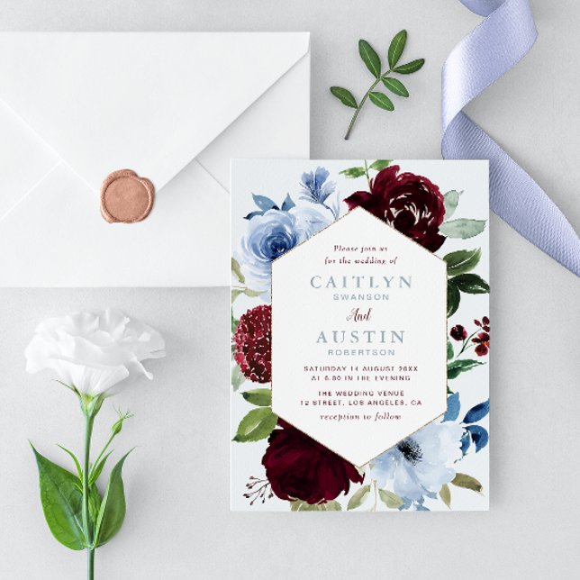 Invitación marco floral burgundy y boda azul polvoriento (Subido por el creador)