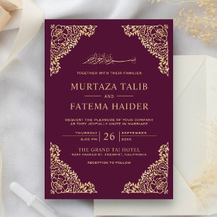 Invitación Marco Floral Ciruela y Dorado Boda Musulmana Islám