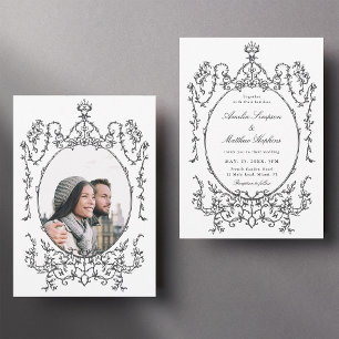 Invitación Marco floral clásico foto Boda blanco y negro
