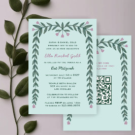 Invitación Marco floral código QR personalizado niña Bat Mitz