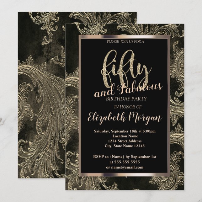 Invitación Marco Floral Damask Chic Cumpleaños 50  (Anverso / Reverso)