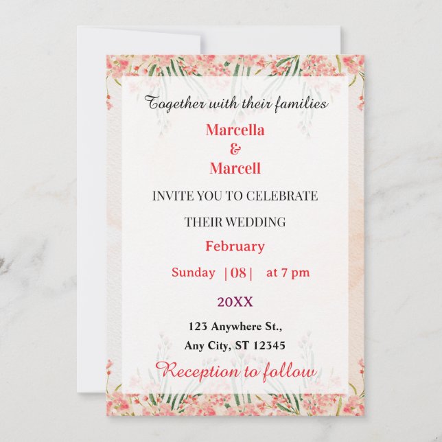 Invitación Marco floral de acuarela rosa suave  (Anverso)
