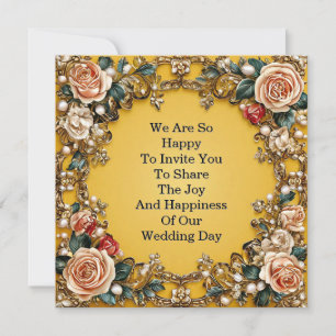 Invitación Marco floral de boda de oro lujoso con rosas