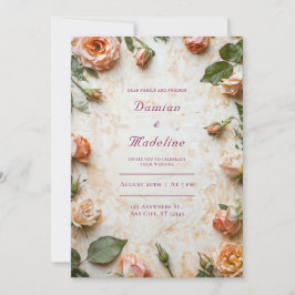 Invitación Marco floral de boda rústico con rosas de melocotó