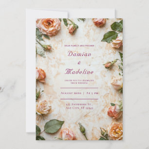 Invitación Marco floral de boda rústico con rosas de melocotó