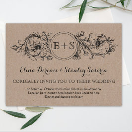 Invitación Marco floral de cartón Kraft con boda de iniciales