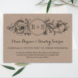 Invitación Marco floral de cartón Kraft con boda de iniciales