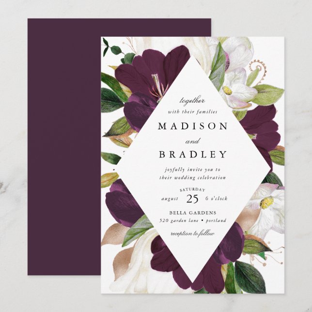 Invitación Marco floral de ciruela oscura | Boda (Anverso / Reverso)