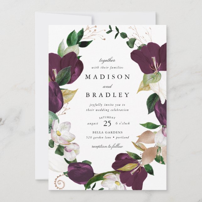 Invitación Marco floral de ciruela oscura | Boda (Anverso)