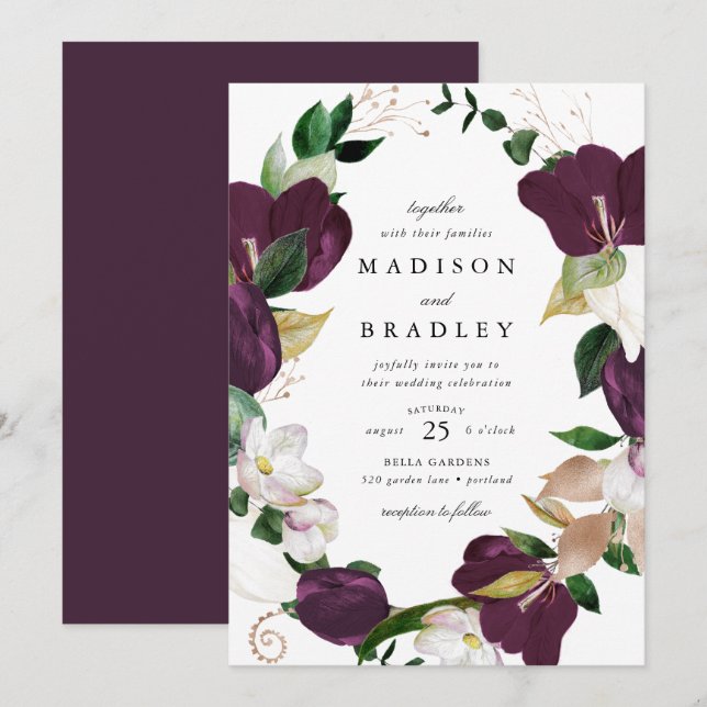 Invitación Marco floral de ciruelas oscuras | BODA (Anverso / Reverso)