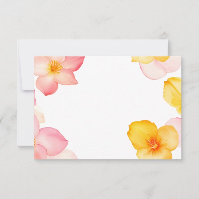 Invitación Marco floral de esquina con flores rosadas y amari (Anverso)