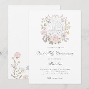 Invitación marco floral de fondo blanco primera comunión