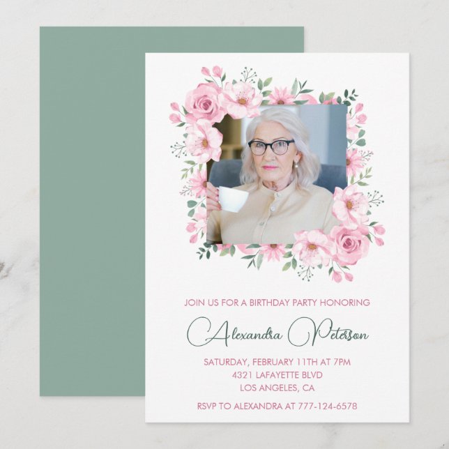 Invitación Marco floral de foto rosa verde para cumpleaños 94 (Anverso / Reverso)
