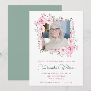 Invitación Marco floral de foto rosa verde para cumpleaños 94