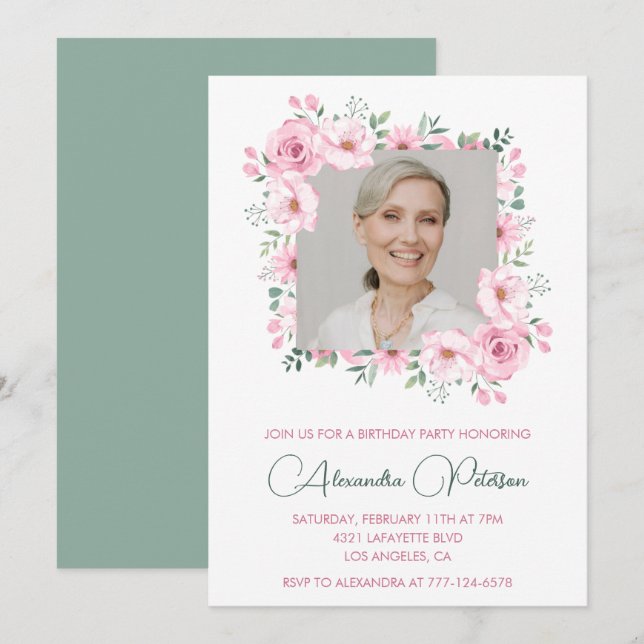 Invitación Marco floral de foto verde rosa cumpleaños 88 (Anverso / Reverso)