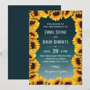 Invitación Marco floral de girasol rústico Boda Verde azulado