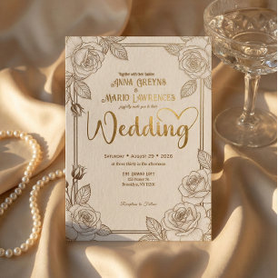 Invitación Marco Floral de Hoja de Oro Falso Marfil Romántico