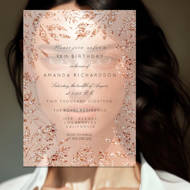Invitación Marco Floral de Hojas con Brillo de Oro Rosa Crist (Pink Rose Gold Glitter Leafs Floral Frame Crystal Invitation)