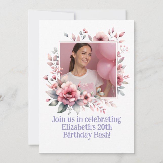 Invitación Marco floral de la foto del Personalizado del part (Anverso)