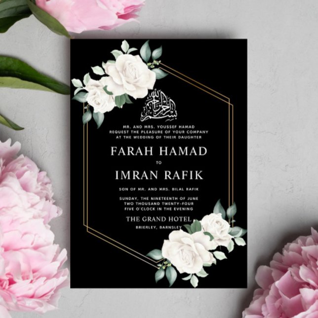 Invitación Marco floral de marfil Boda musulmán negro (Subido por el creador)