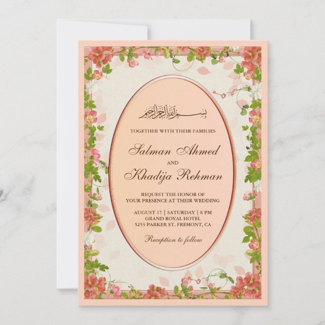 Invitación Marco floral de Naranja de época islámico Boda mus (Anverso)