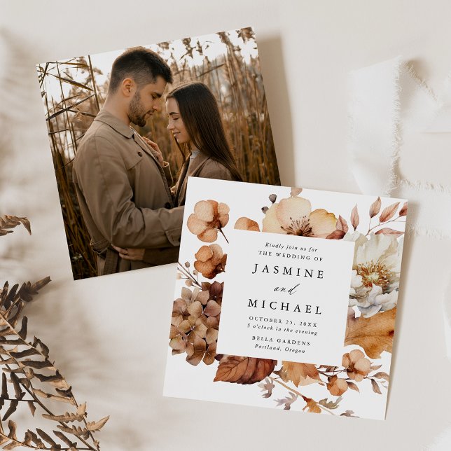Invitación Marco Floral de Otoño Rústico Foto Cuadrada Boda (Subido por el creador)