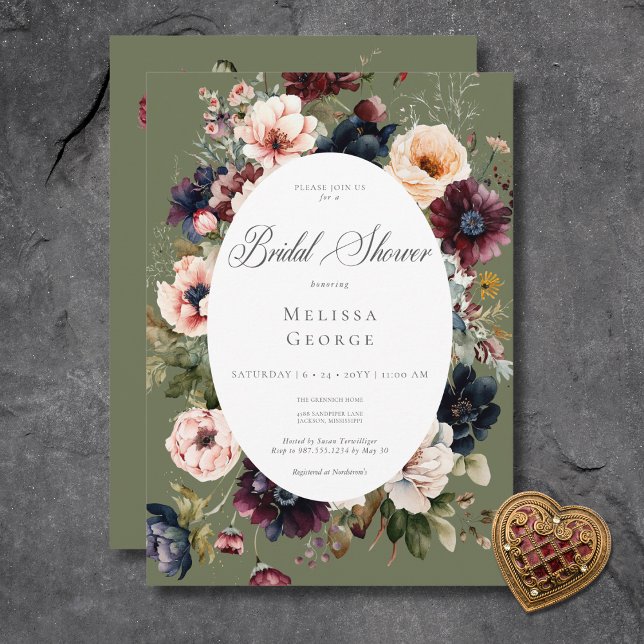 Invitación Marco floral de oval verde oscuro Ducha de novia (Dark Green Oval Floral Frame Bridal Shower Invitation)