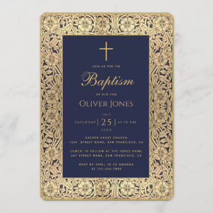 Invitación Marco floral dorado azul marino para bautizo de ni
