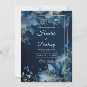 Invitación Marco Floral Dorado Azul Medianoche Lujoso Inviern