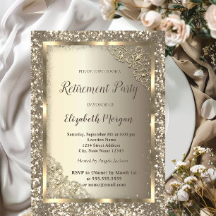 Invitación Marco floral dorado chic con brillo para jubilació