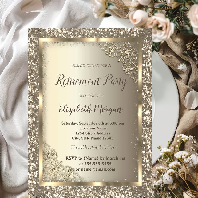 Invitación Marco floral dorado chic con brillo para jubilació (Subido por el creador)