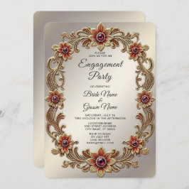 Invitación Marco floral dorado con compromiso de piedras roja