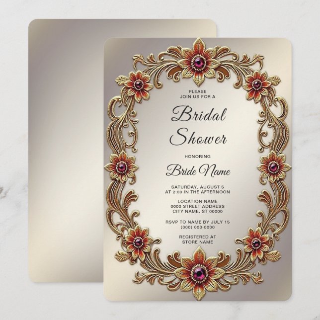 Invitación Marco floral dorado con ducha de novia con piedras (Anverso / Reverso)