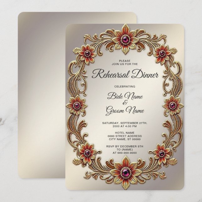 Invitación Marco floral dorado con piedras rojas Ensayo de ce (Anverso / Reverso)