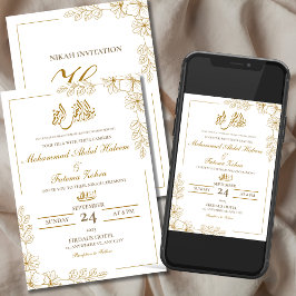 Invitación Marco floral dorado elegante papel blanco moderno 