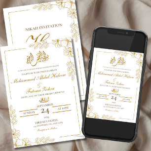 Invitación Marco floral dorado elegante papel blanco moderno 