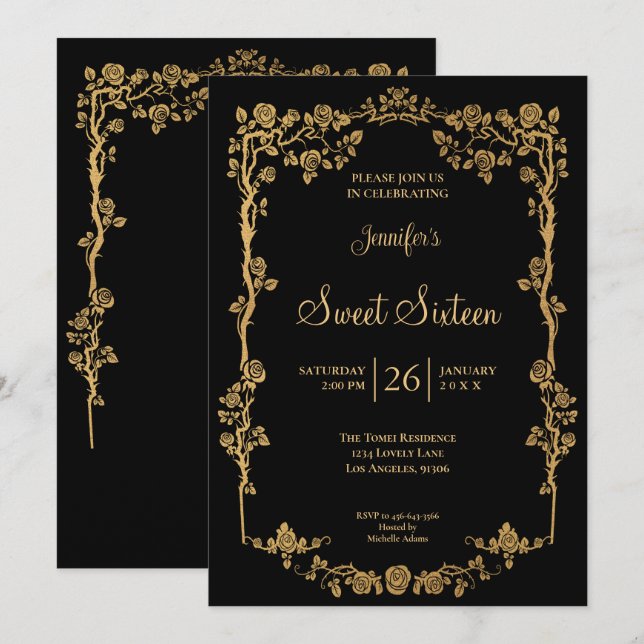 Invitación Marco Floral Dorado Ornate Cumpleaños 16 (Anverso / Reverso)
