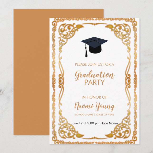 Invitación Marco floral dorado Rosa (Anverso / Reverso)